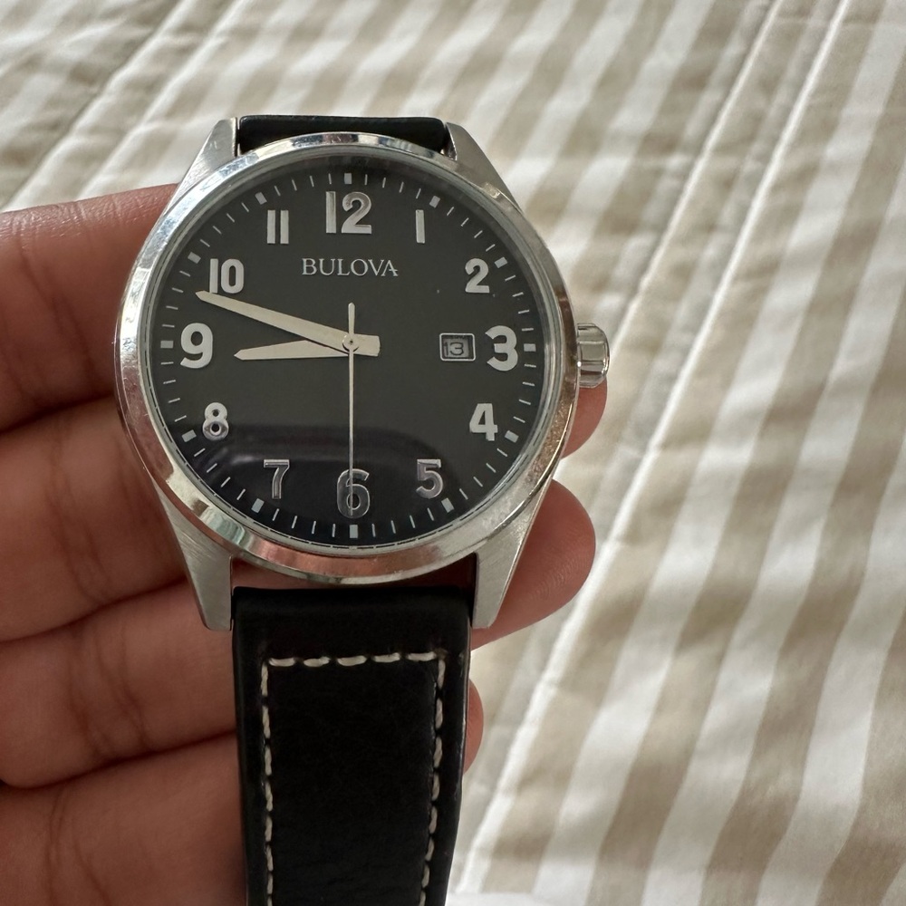 Bulova Classic Black Date Dial Black Leather Men's Watch 96B276